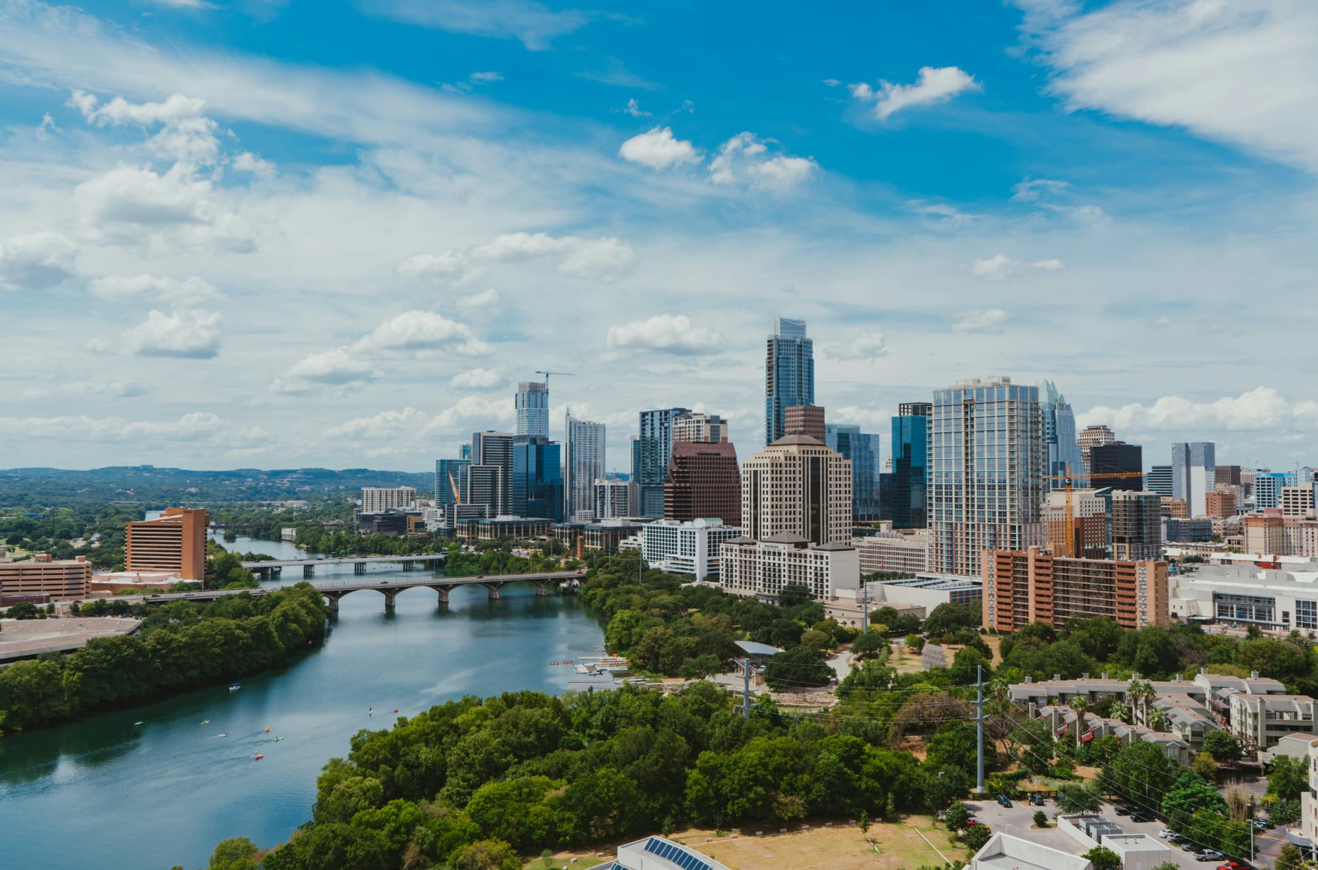 Austin Texas skyline at dusk over Lady Bird Lake