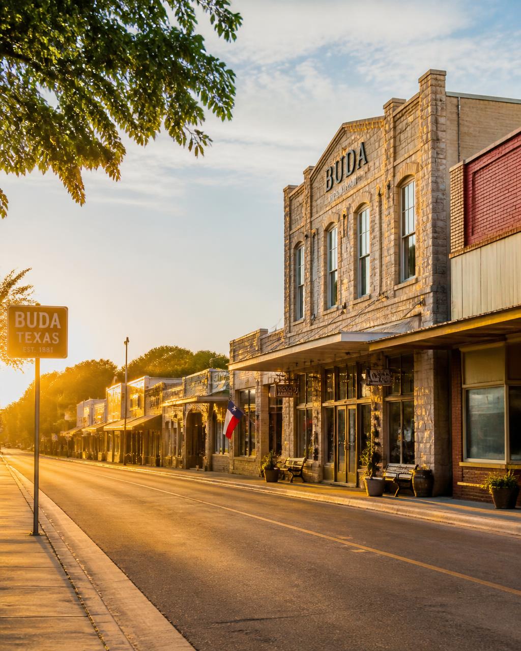 Buda Texas historic downtown main street at golden hour