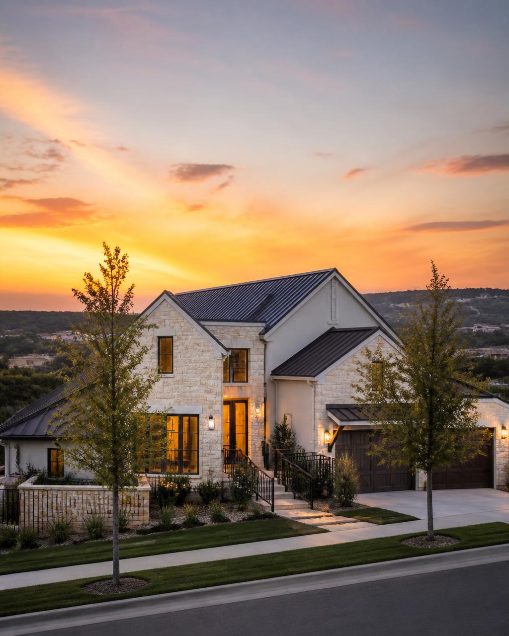Kyle Texas suburban neighborhood at dusk with Hill Country backdrop
